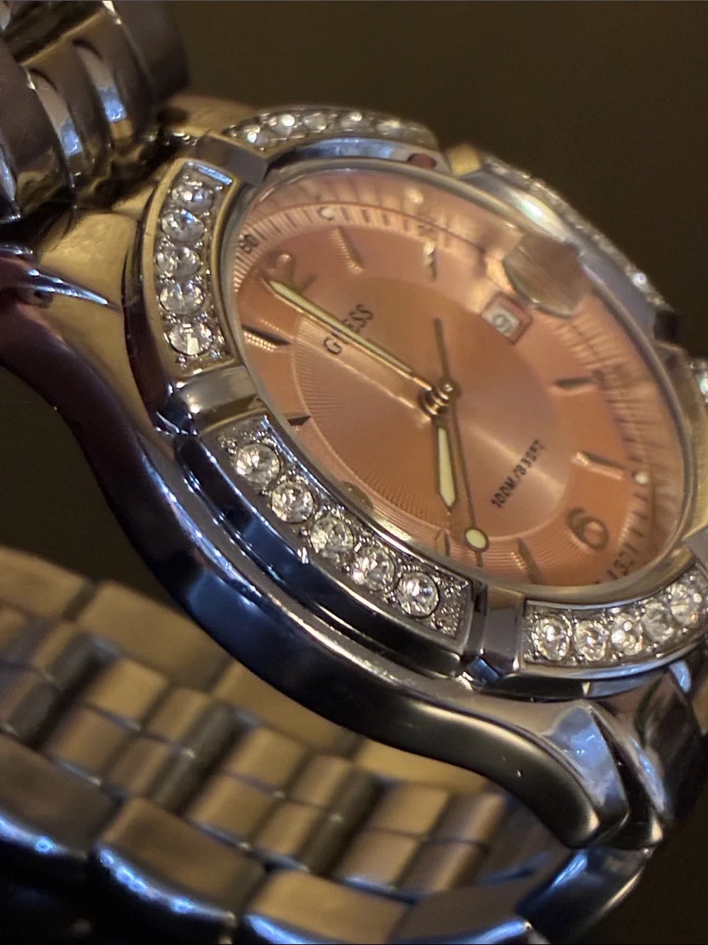 GUESS Silver Bracelet Watch with Pink Dial and Crystal Bezel-PARTS